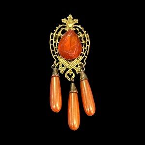 Vintage Gold and Orange Teardrop Brooch